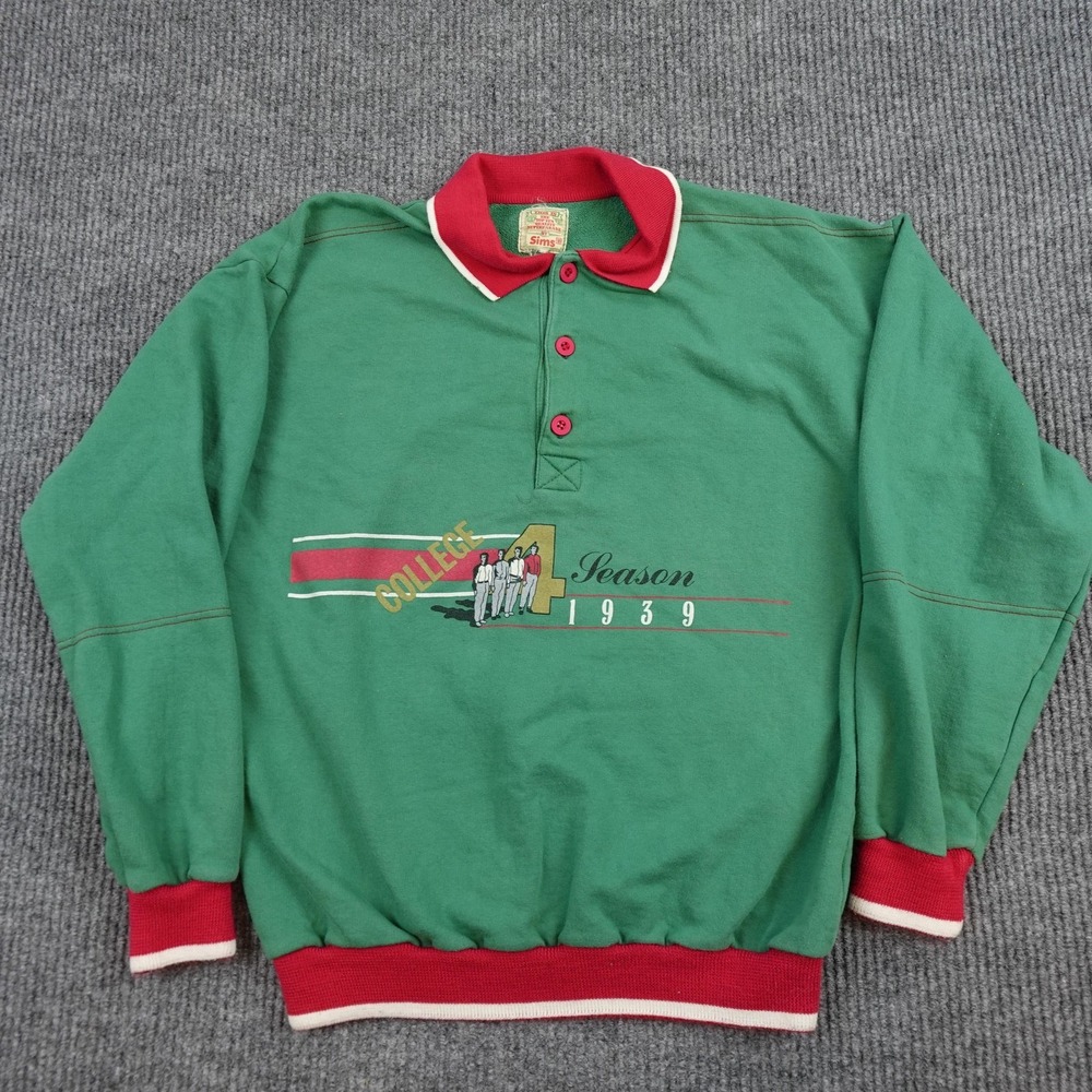 Vintage 70s Sims Sweatshirt Mens Medium Green Fleece Rugby Pullover College 1939